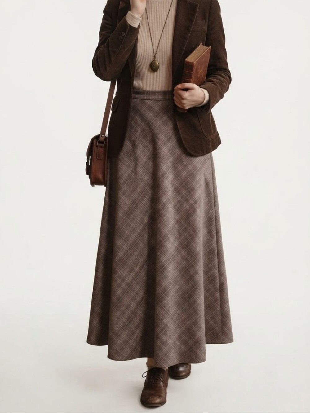 Vintage 1970s Plaid Maxi Skirt Brown & Purple-Grey A-Line 14